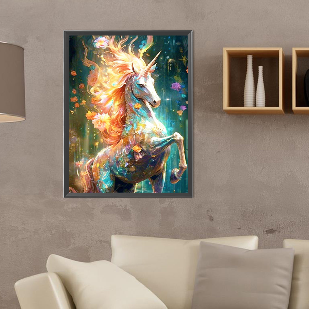 Flowers And Unicorns In The Forest - Full Round Drill Diamond Painting 30*40CM