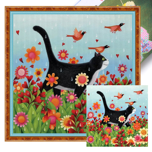 Black Cat With Flowers And Grass - 11CT Stamped Cross Stitch 50*50CM