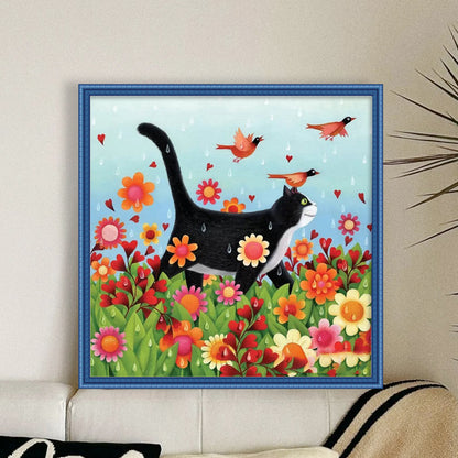 Black Cat With Flowers And Grass - 11CT Stamped Cross Stitch 50*50CM