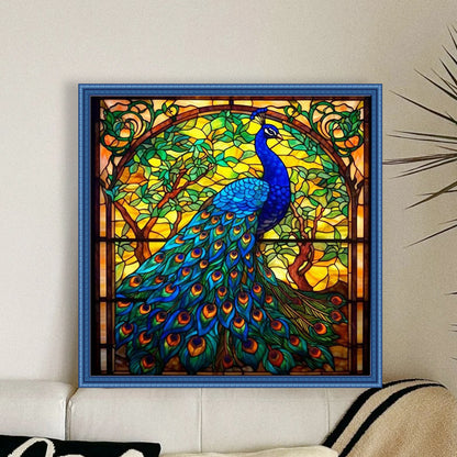 Glass Painting-Peacock - 14CT Stamped Cross Stitch 40*40CM