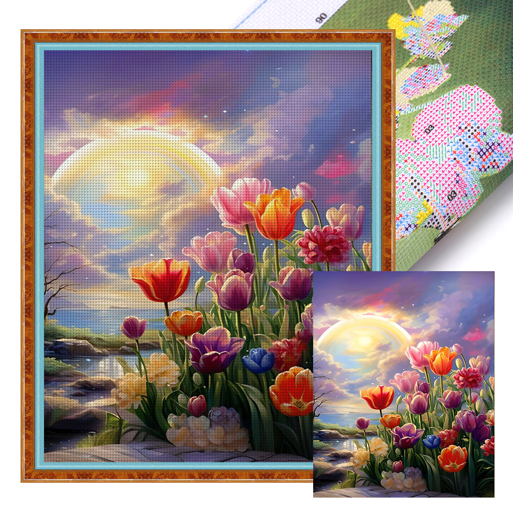 Tulips At Sunset - 14CT Stamped Cross Stitch 40*50CM