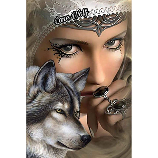 Wolf And Woman - Full Round Drill Diamond Painting 30*45CM