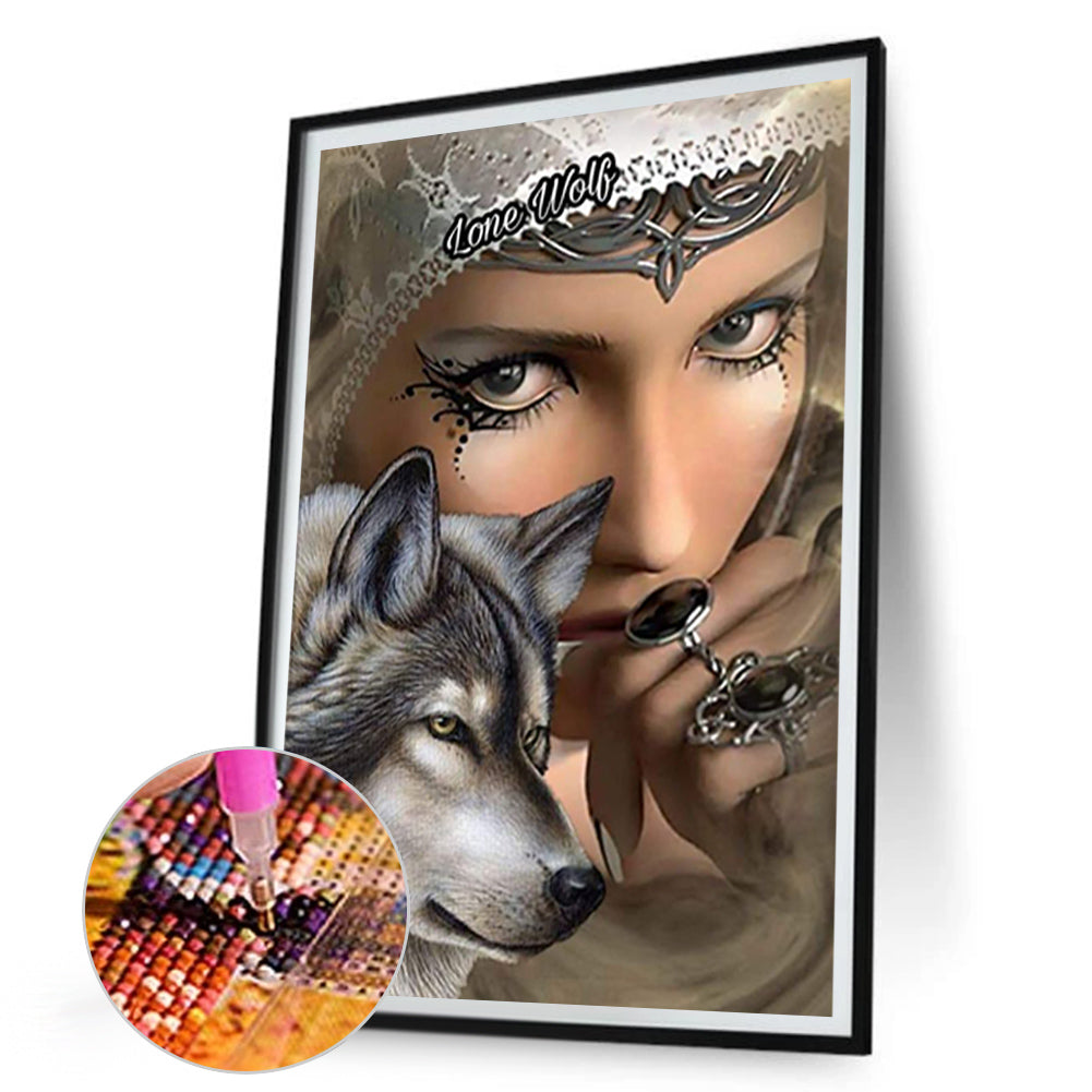 Wolf And Woman - Full Round Drill Diamond Painting 30*45CM
