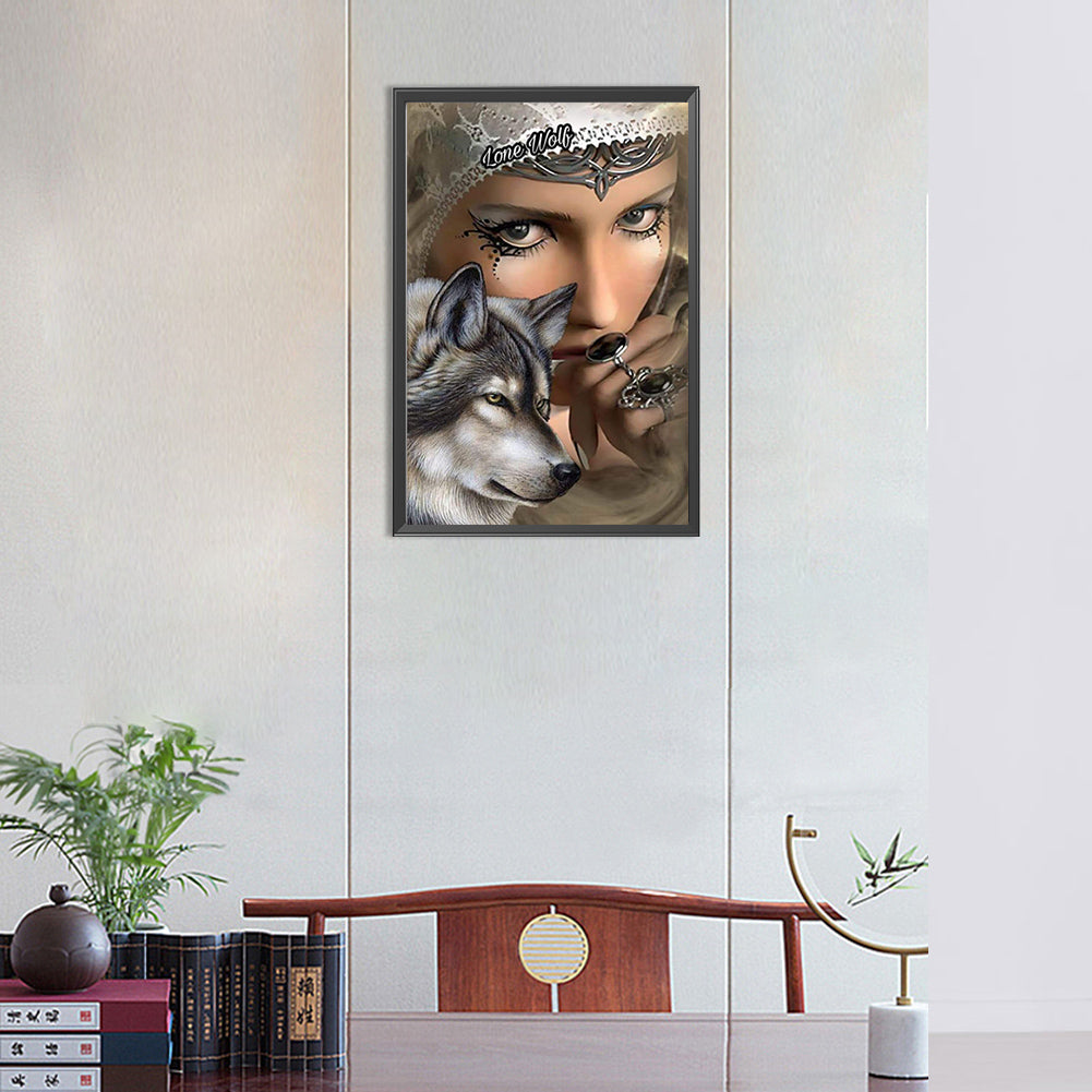 Wolf And Woman - Full Round Drill Diamond Painting 30*45CM