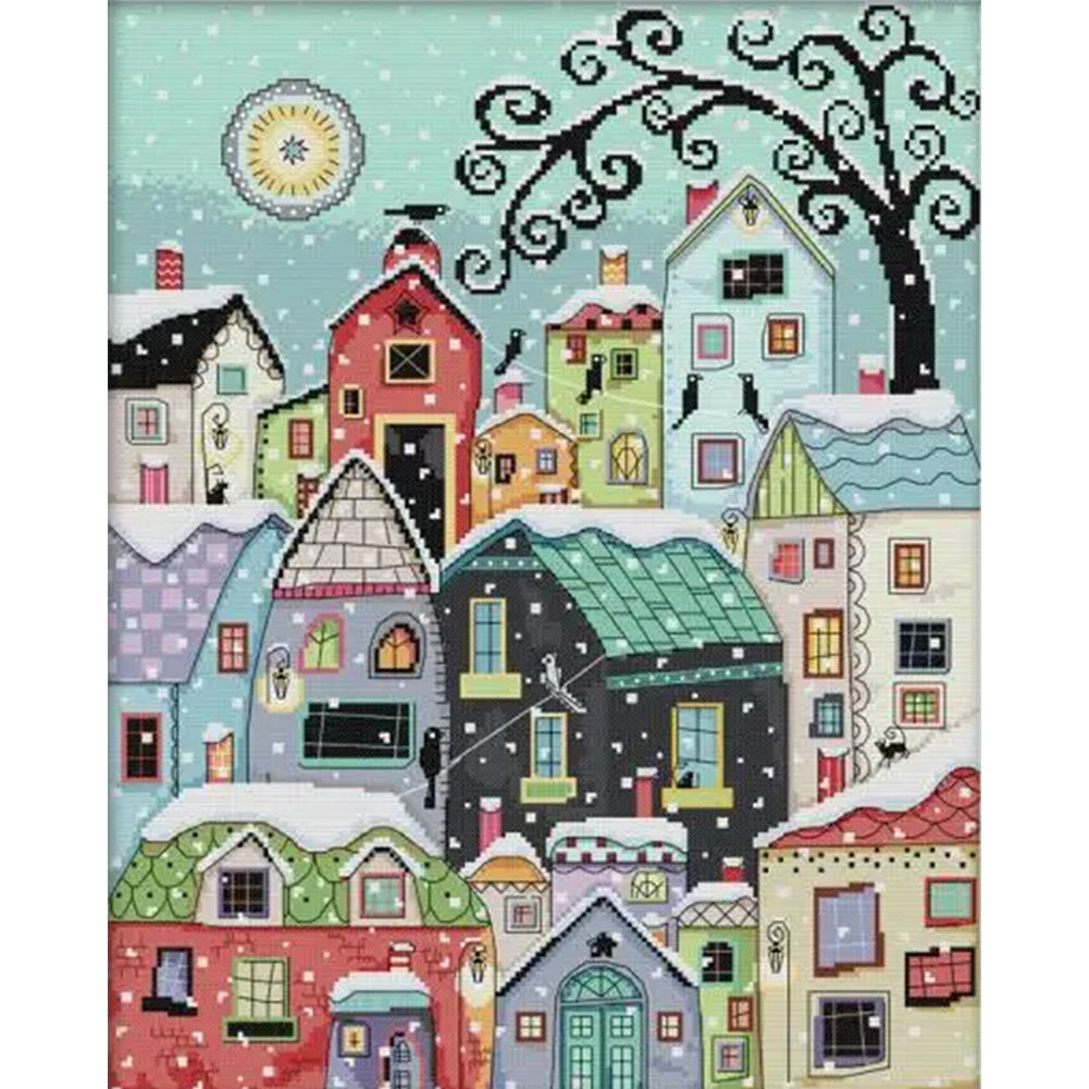 Snowy Street Scene - 14CT Stamped Cross Stitch 40*48CM(Joy Sunday)