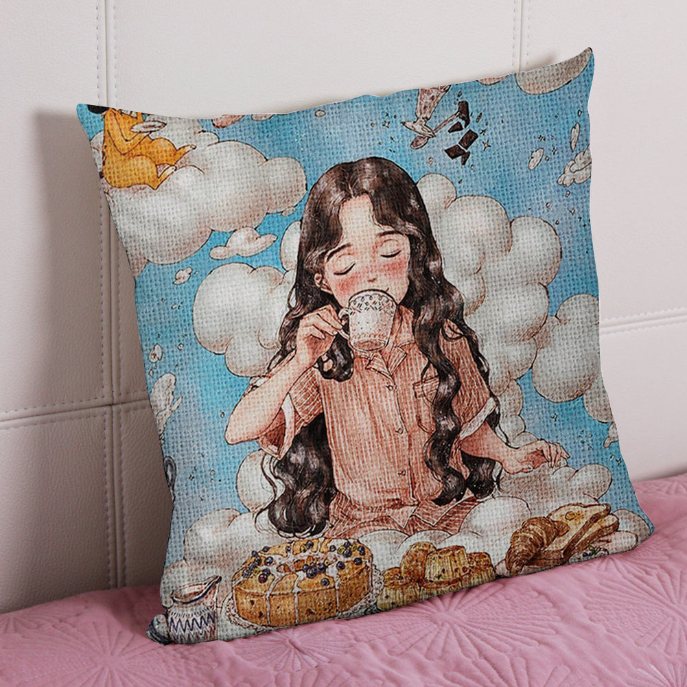 17.72x17.72In Cotton Cloud Girl Cross Stitch Pillow with Instruction for Gift