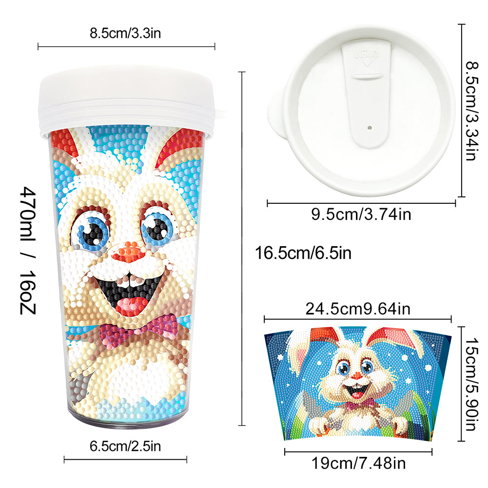 Easter 470ML Travel Diamond Painting Art Cup BPA Free With Lid (Cute Rabbit)