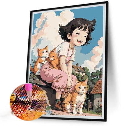 Girl And Cat - Full Round Drill Diamond Painting 40*50CM