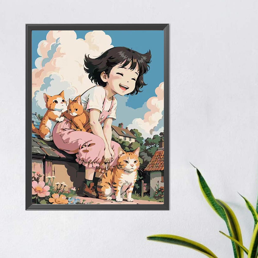 Girl And Cat - Full Round Drill Diamond Painting 40*50CM