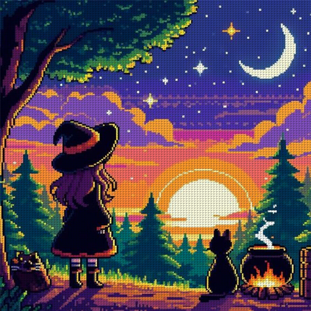 Witch And Cat In The Moonlight - 11CT Stamped Cross Stitch 45*45CM