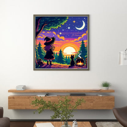 Witch And Cat In The Moonlight - 11CT Stamped Cross Stitch 45*45CM