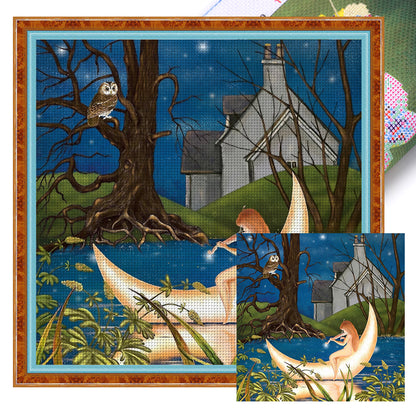 Girl And Owl In The Moonlight - 11CT Stamped Cross Stitch 45*45CM