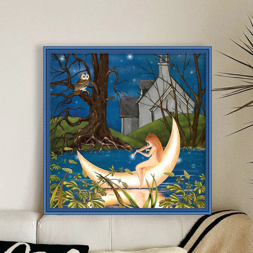 Girl And Owl In The Moonlight - 11CT Stamped Cross Stitch 45*45CM