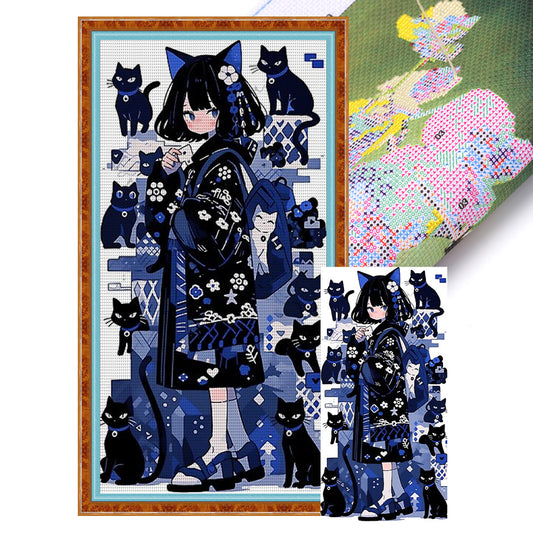 Girl Black Cat - 11CT Stamped Cross Stitch 40*80CM