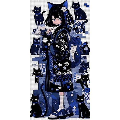 Girl Black Cat - 11CT Stamped Cross Stitch 40*80CM