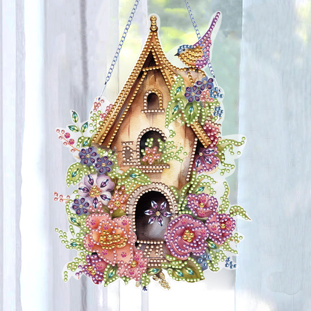 Acrylic Single Side Flower Birdcage Diamond Painting Hanging Pendant (GJ492)