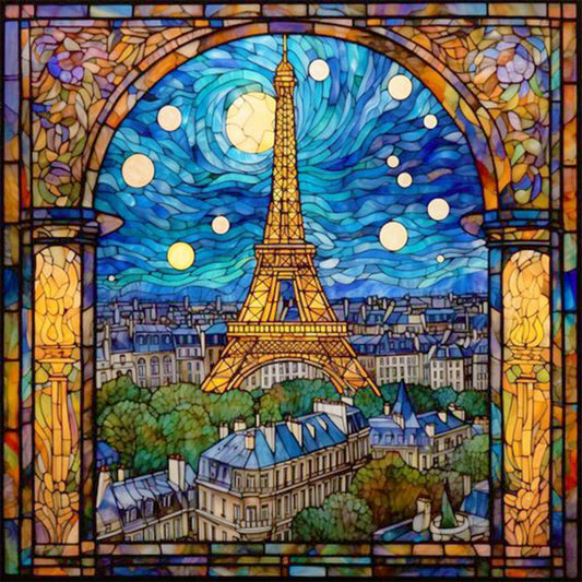 Paris Eiffel Tower Glass Painting At Night - Full Round Drill Diamond Painting 30*30CM
