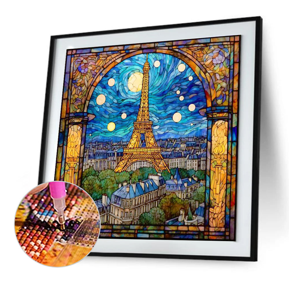 Paris Eiffel Tower Glass Painting At Night - Full Round Drill Diamond Painting 30*30CM