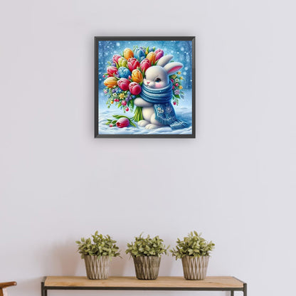 Bunny Holding Flowers In The Snow - Full Round Drill Diamond Painting 30*30CM