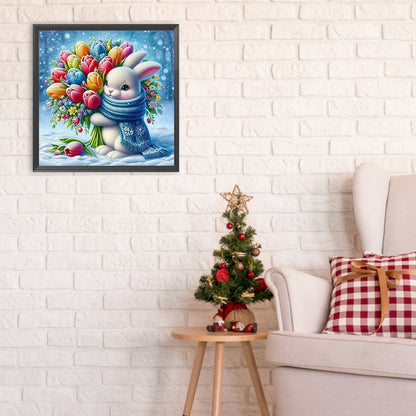 Bunny Holding Flowers In The Snow - Full Round Drill Diamond Painting 30*30CM