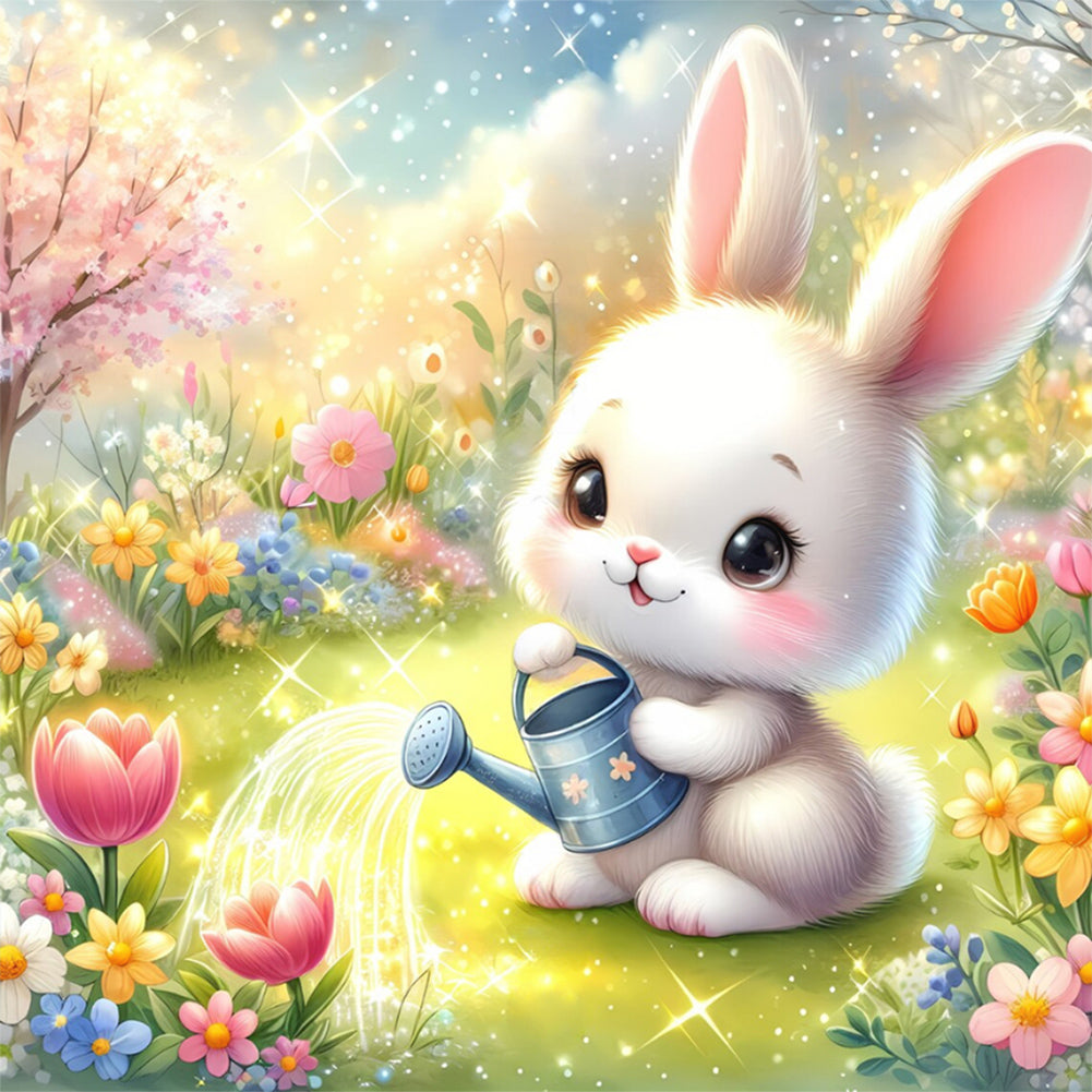 Rabbit Watering Flowers - Full Round Drill Diamond Painting 30*30CM