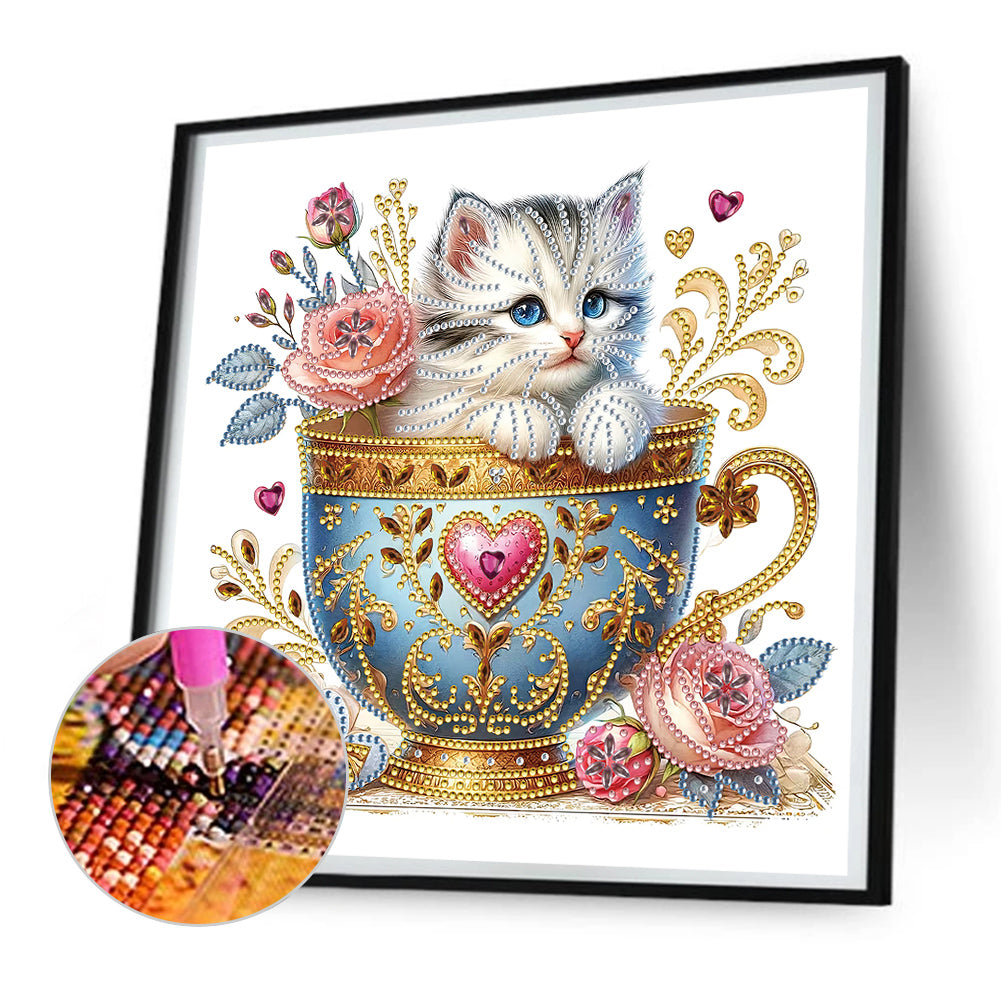 Blue Cup Kitten - Special Shaped Drill Diamond Painting 30*30CM