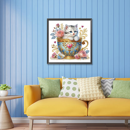 Blue Cup Kitten - Special Shaped Drill Diamond Painting 30*30CM