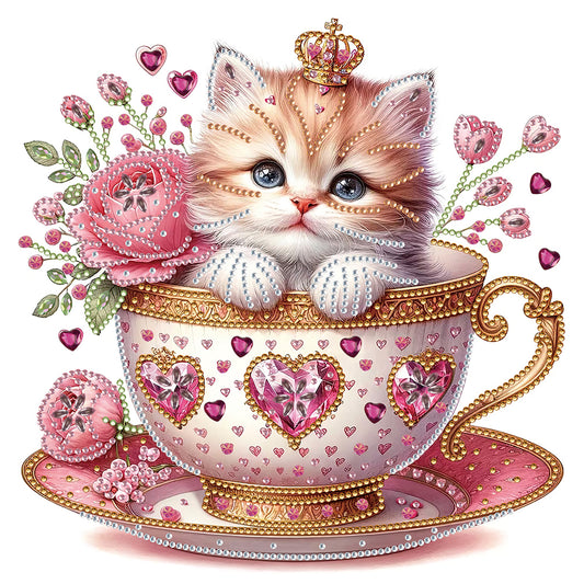 White Cup Kitten - Special Shaped Drill Diamond Painting 30*30CM