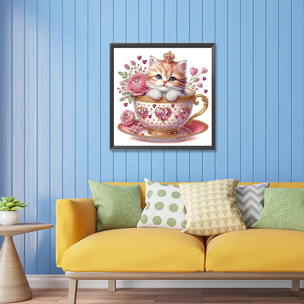 White Cup Kitten - Special Shaped Drill Diamond Painting 30*30CM