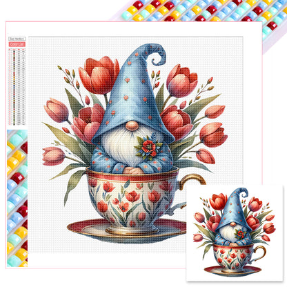 Flower Teacup Gnome - Full Square Drill Diamond Painting 40*40CM