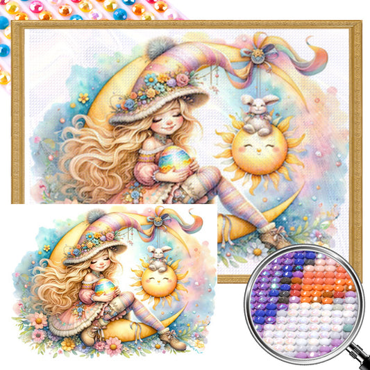 Easter Girl With Colored Eggs - Full AB Round Drill Diamond Painting 40*30CM