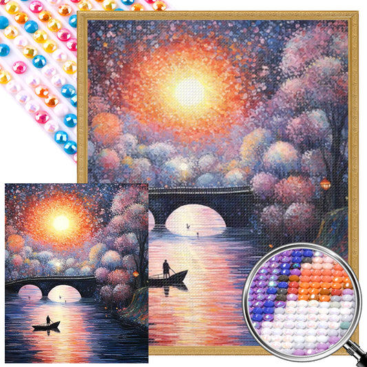 Small Bridge At Sunset And Flowing Water - Full AB Round Drill Diamond Painting 40*50CM