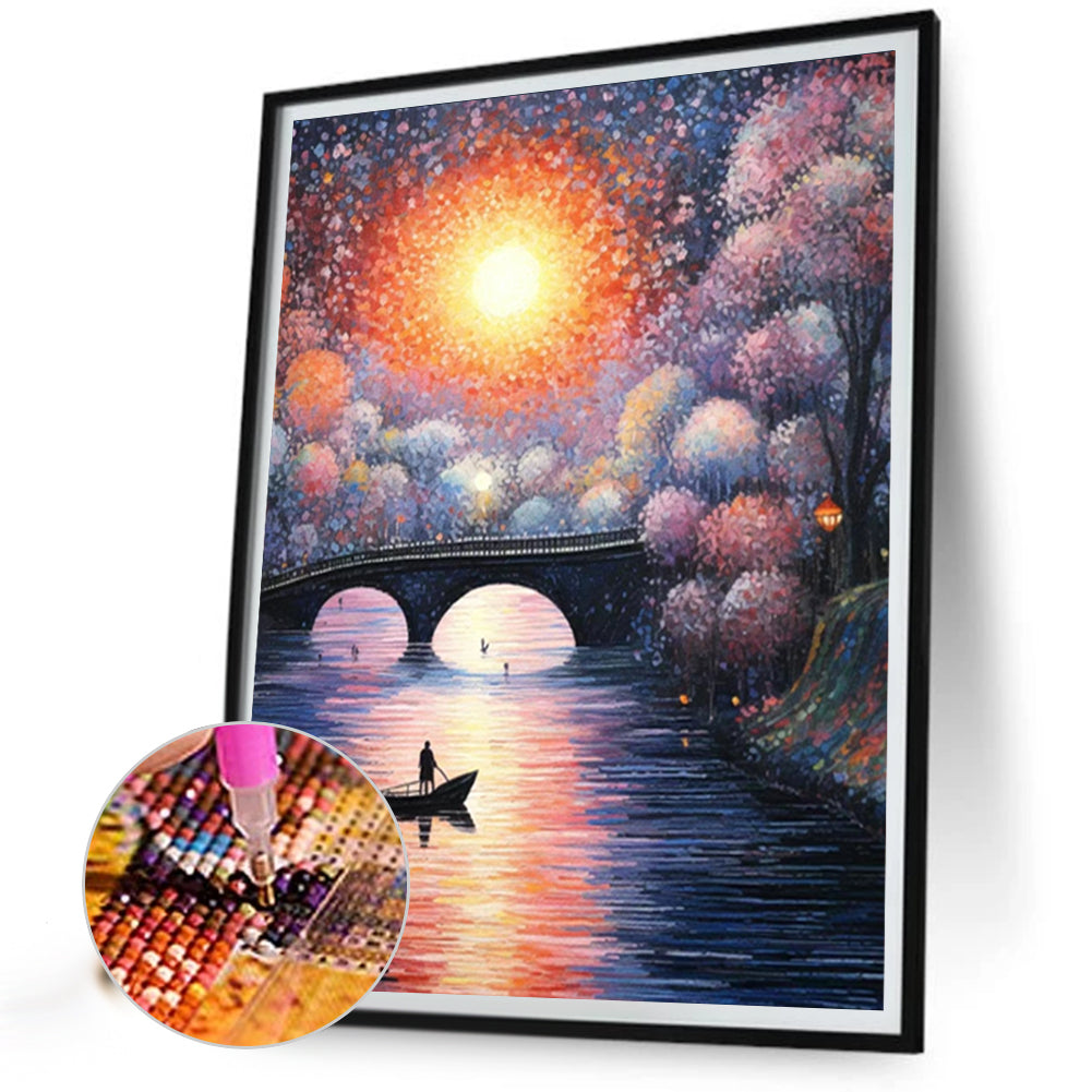 Small Bridge At Sunset And Flowing Water - Full AB Round Drill Diamond Painting 40*50CM