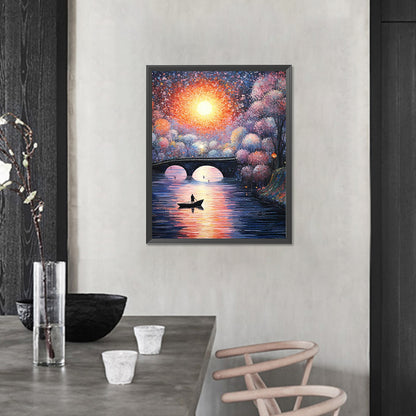 Small Bridge At Sunset And Flowing Water - Full AB Round Drill Diamond Painting 40*50CM