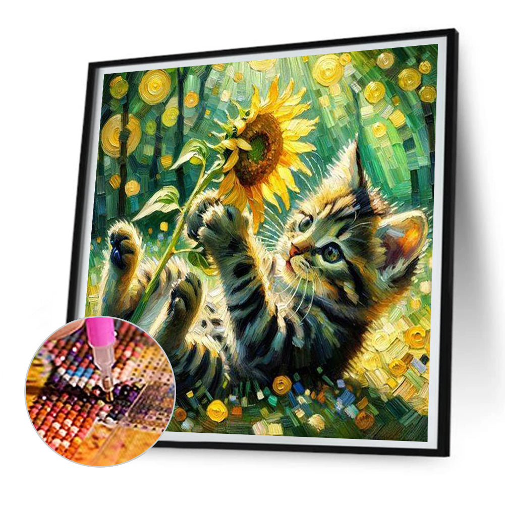 Sunflower And Kitten - Full Round Drill Diamond Painting 30*30CM