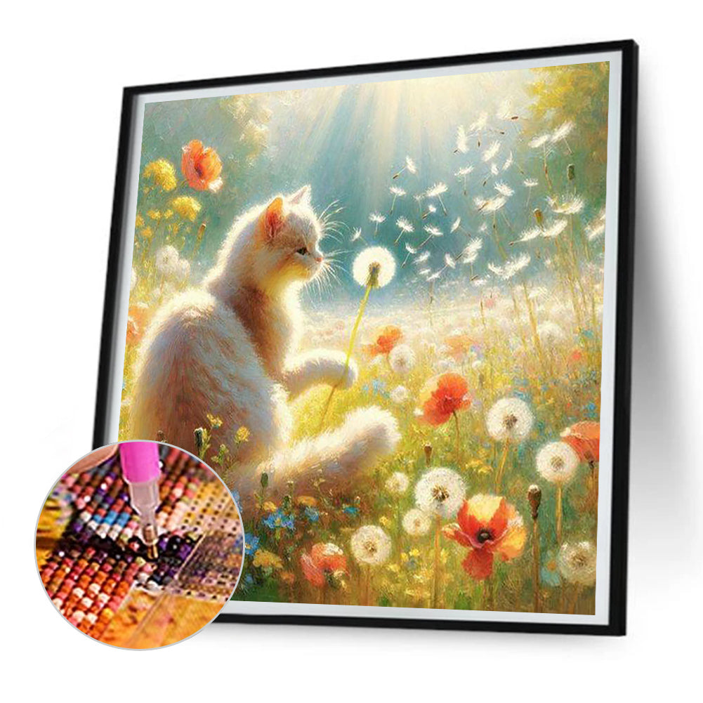 Cat Among Flowers In The Sun - Full Round Drill Diamond Painting 30*30CM