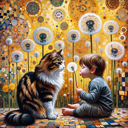 Cat, Dandelion And Child - Full Round Drill Diamond Painting 30*30CM