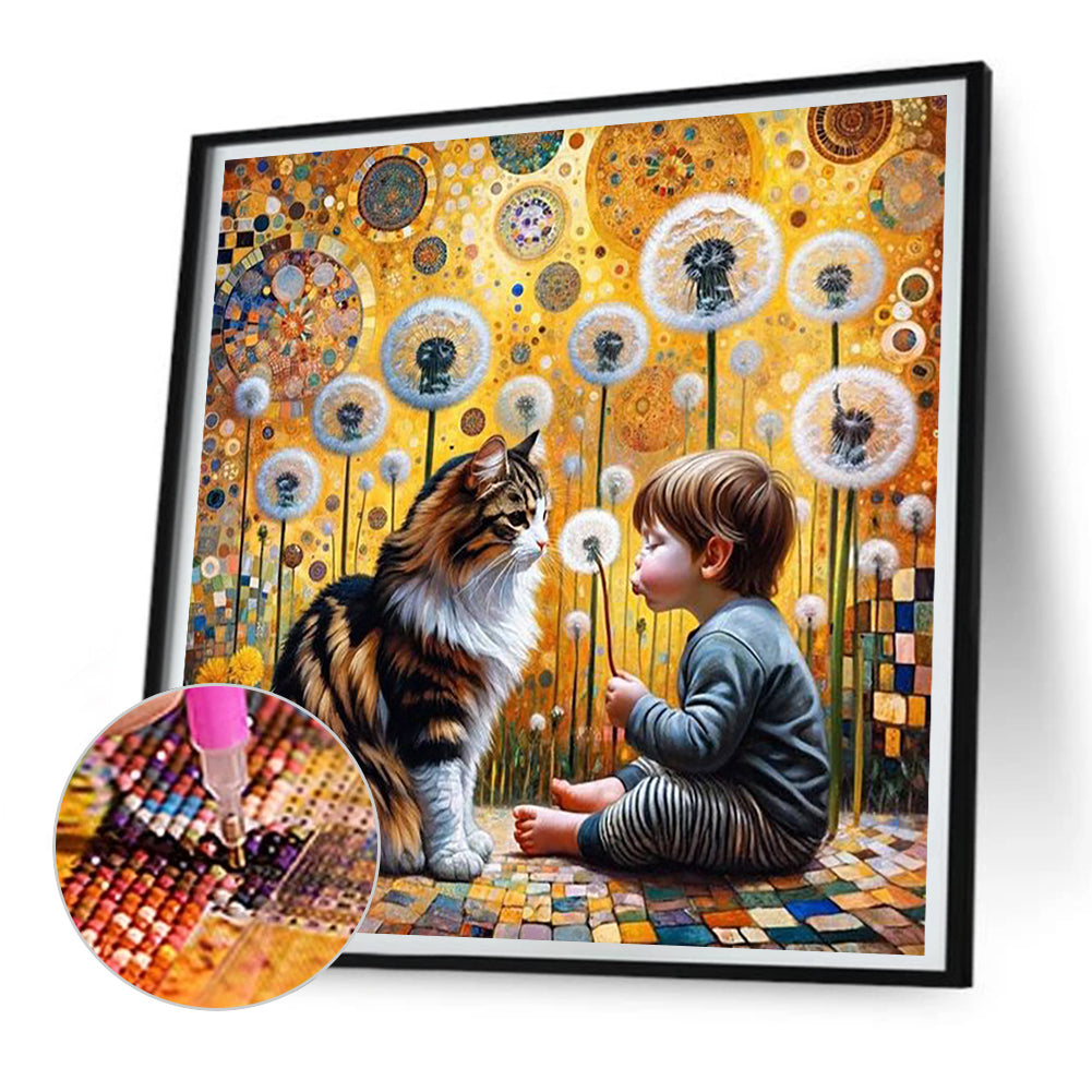 Cat, Dandelion And Child - Full Round Drill Diamond Painting 30*30CM