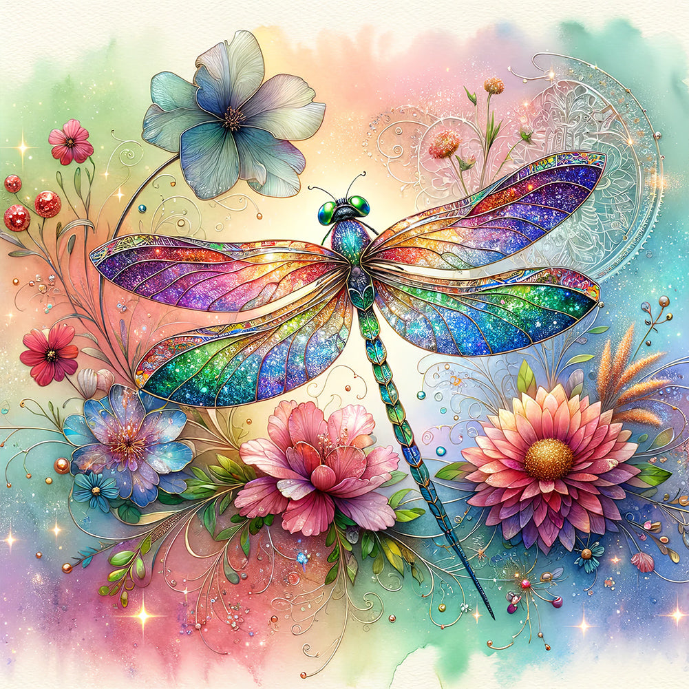 Flowers Dragonfly - Full Round Drill Diamond Painting 30*30CM