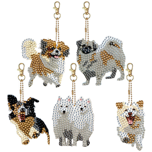 5 Pcs Double Sided Cute Dog Diamond Painting Keychain for Bag Charms Pendant