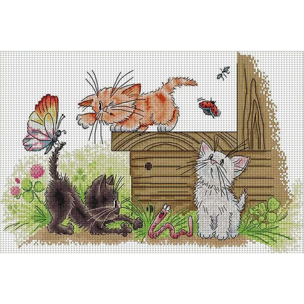Three Cats Butterfly - 14CT Stamped Cross Stitch 44*29CM