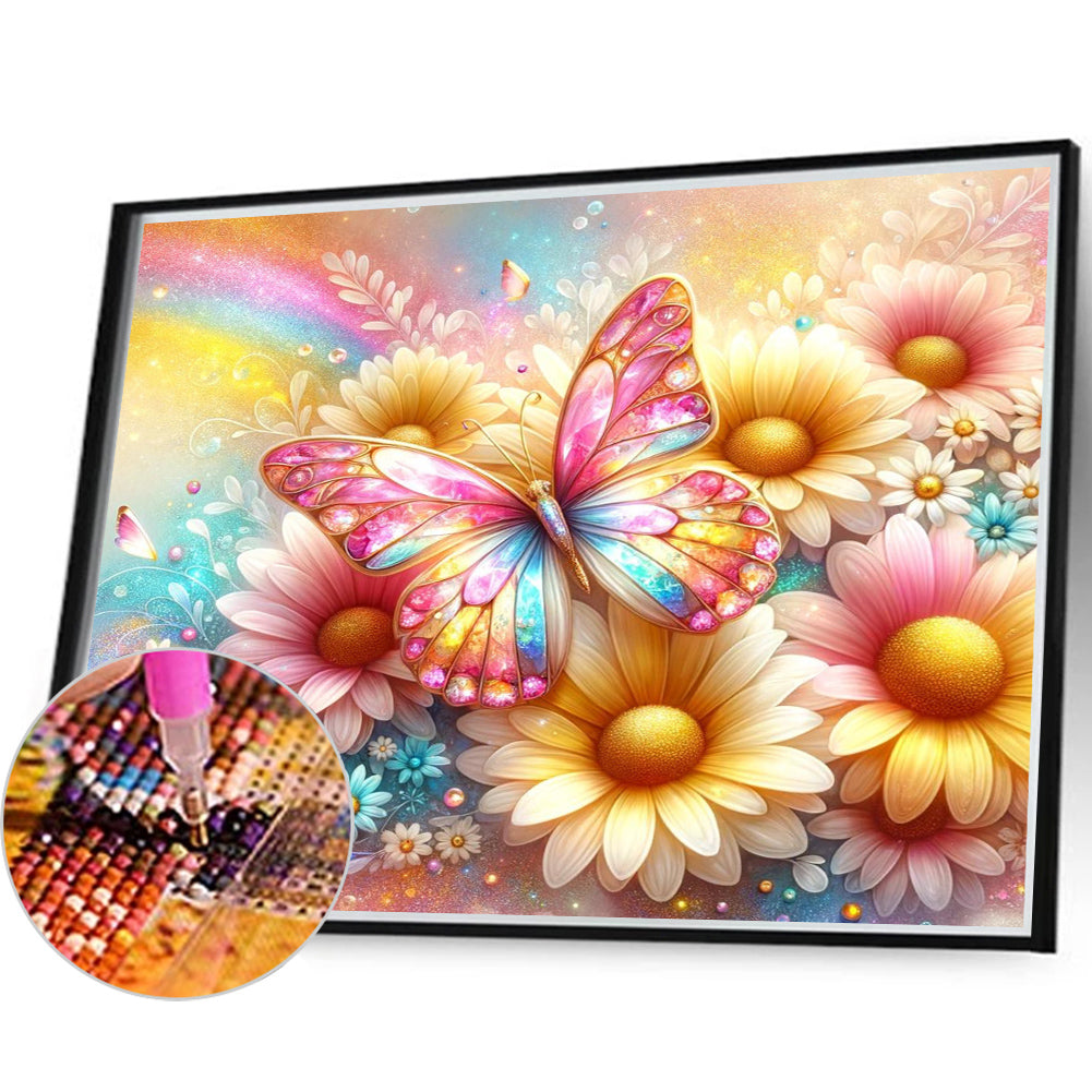 Pearl Daisy Butterfly - Full Round Drill Diamond Painting 35*30CM