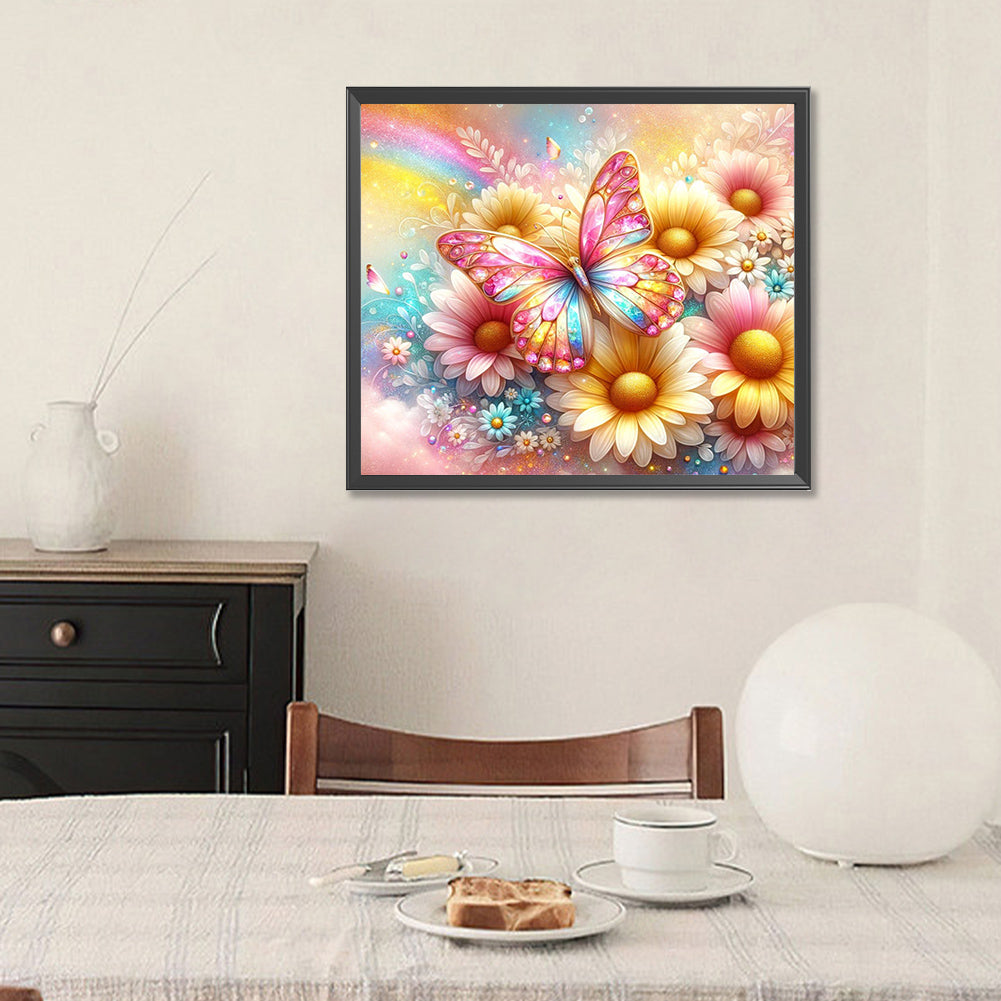 Pearl Daisy Butterfly - Full Round Drill Diamond Painting 35*30CM