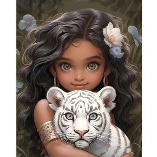 Girl And White Tiger - Full Round Drill Diamond Painting 40*50CM