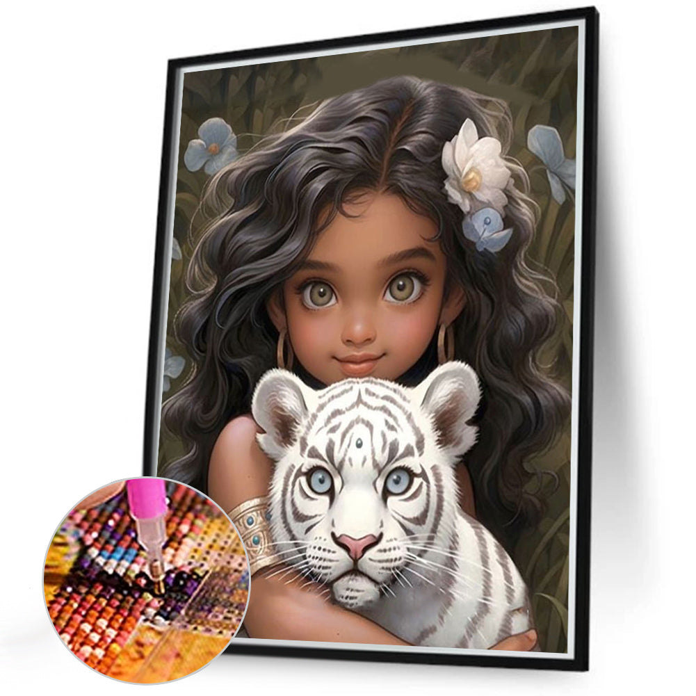 Girl And White Tiger - Full Round Drill Diamond Painting 40*50CM