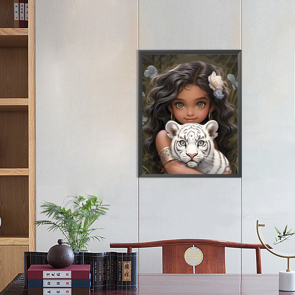 Girl And White Tiger - Full Round Drill Diamond Painting 40*50CM