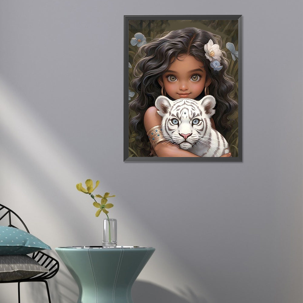 Girl And White Tiger - Full Round Drill Diamond Painting 40*50CM