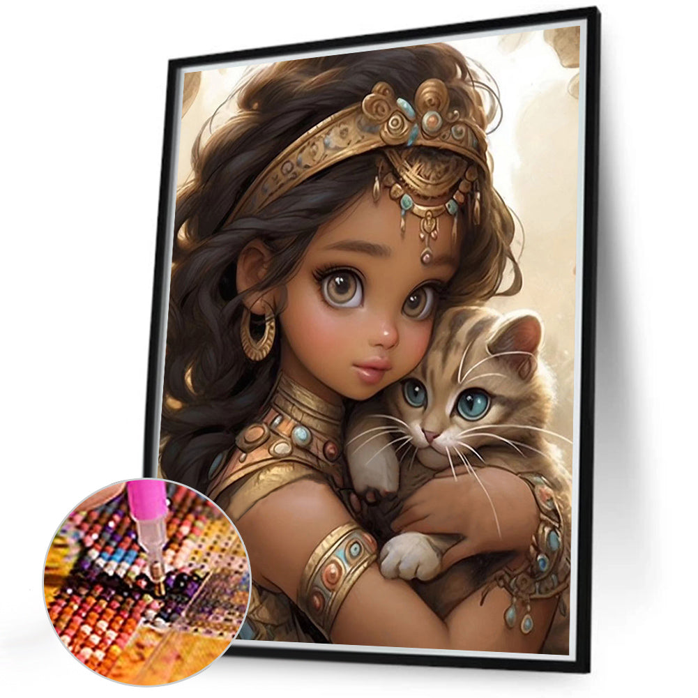 Girl And Kitten - Full Round Drill Diamond Painting 40*50CM