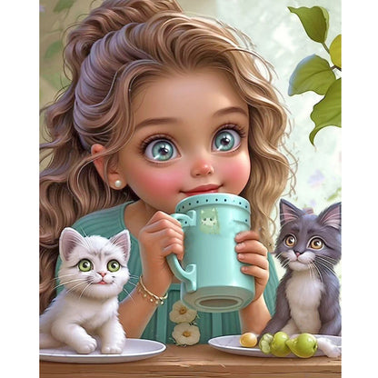 Girl With Two Cats - Full Round Drill Diamond Painting 40*50CM
