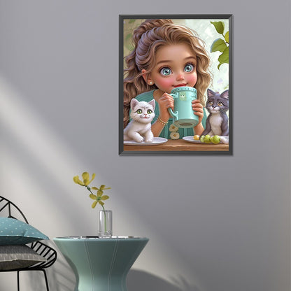 Girl With Two Cats - Full Round Drill Diamond Painting 40*50CM